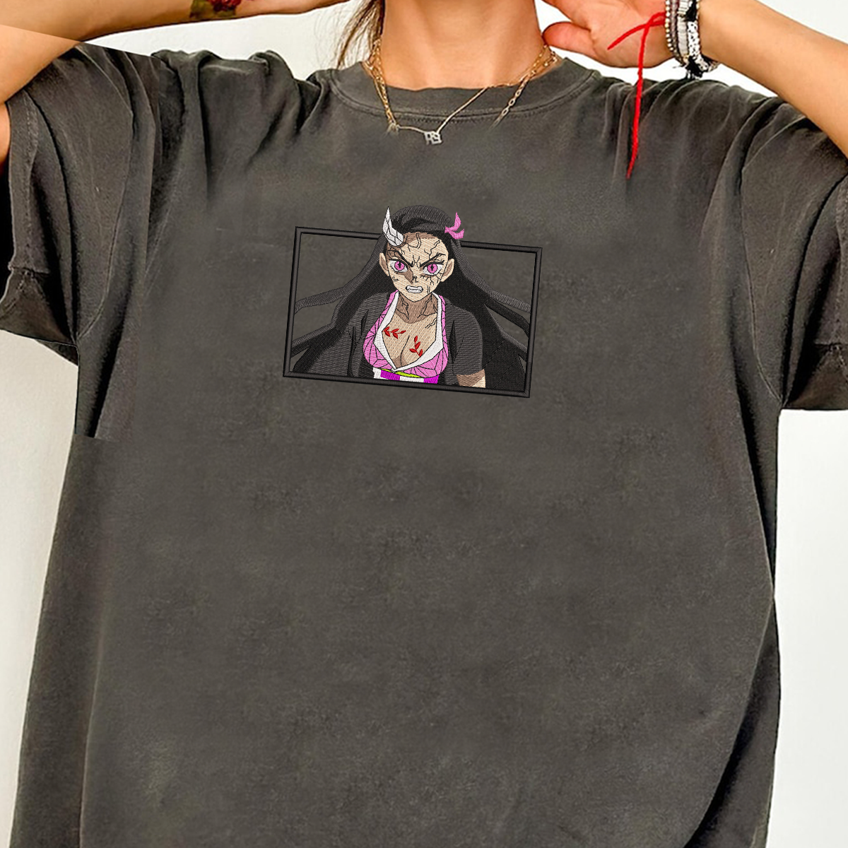 Demon Slayer Embroidered Unisex T-Shirt,Crewneck,Hoodie – Premium Quality Anime Apparel Featuring Iconic Characters for Fans,D16