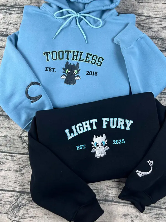 Toothless The Dragon embroidered sweatshirt, Night Fury Light Fury shirt, Couple embroidery hoodie