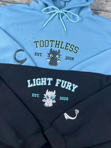 Toothless The Dragon embroidered sweatshirt, Night Fury Light Fury shirt, Couple embroidery hoodie